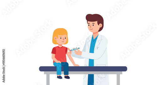 Doctor vaccinating child on medical examination table in clinical setting