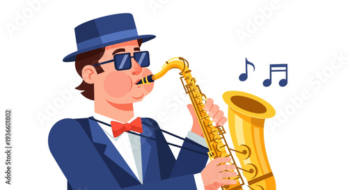 Man in blue suit playing saxophone with musical notes around him, cartoon style illustration
