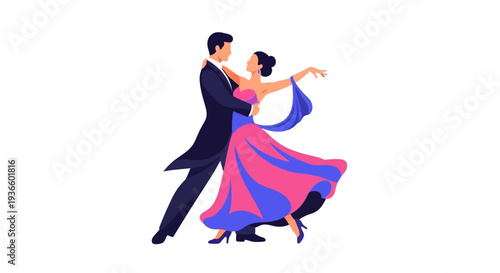 Couple dancing together in a romantic waltz, man and woman in elegant attire, illustration