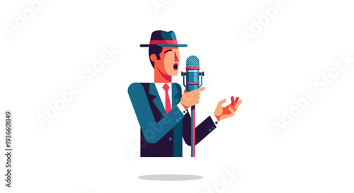 Man in suit and hat singing into microphone with confident gesture