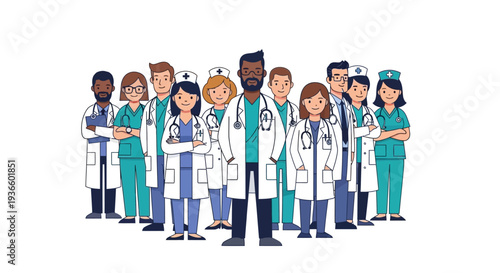 Diverse group of medical professionals standing together, wearing lab coats and scrubs, united in their mission