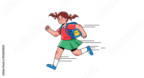 Young girl running with backpack, energetic motion, cartoon style, dynamic pose, vibrant colors.