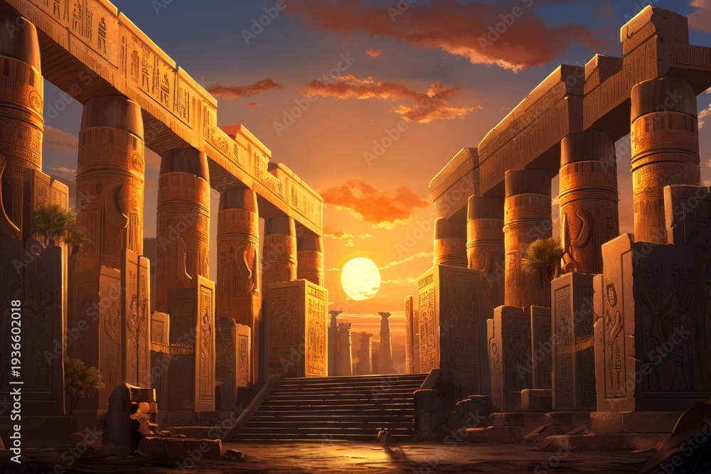 Fototapeta premium Ancient egyptian temple columns and hieroglyphs at sunset, depicting historical architecture and mythology
