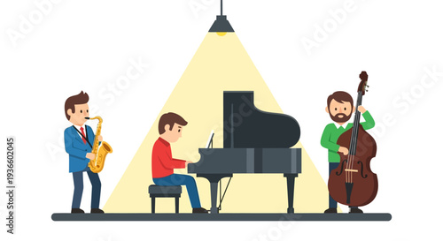 Musicians performing jazz together on stage with piano, saxophone, and cello in a harmonious ensemble