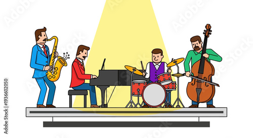 Musicians Performing on Stage with Jazz Instruments under Bright Spotlight