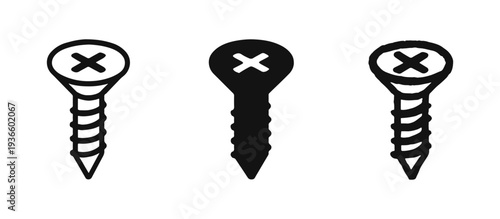 Flat Head Screw Icon Set, Fastener, Hardware, and Construction Tool Symbols