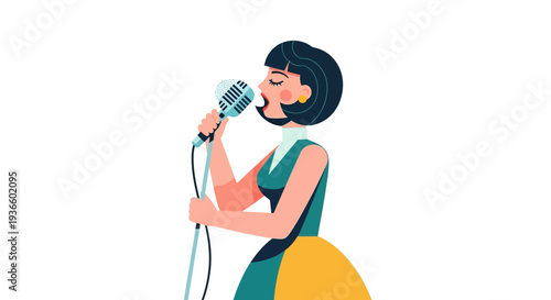 Woman singing into a microphone, captured in a simple illustration from a side viewpoint, conveying emotion and performance.