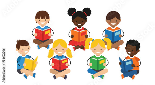 Group of diverse children sitting together reading books in a relaxed environment from a top-down viewpoint
