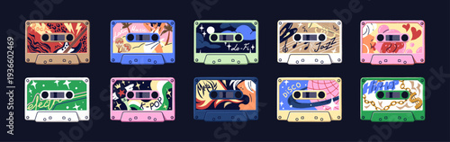 Audio cassettes designs set. Retro mix tapes with rock, heavy metal, rap, hip hop songs and disco. Vintage audiocassettes with different music. Various mixtapes. Flat isolated vector illustrations