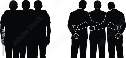 Silhouettes of people standing together in groups of three men  business teamwork concept