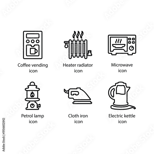 Coffee vending, Heater radiator, Microwave, Petrol lamp, Cloth iron, Electric kettle, icon