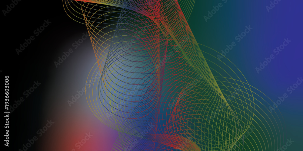 Fototapeta premium Glowing navy blue, red, green and black flowing light ribbons twisting through a dark cosmic backdrop with tiny sparkling particles, futuristic technology concept, vector illustration