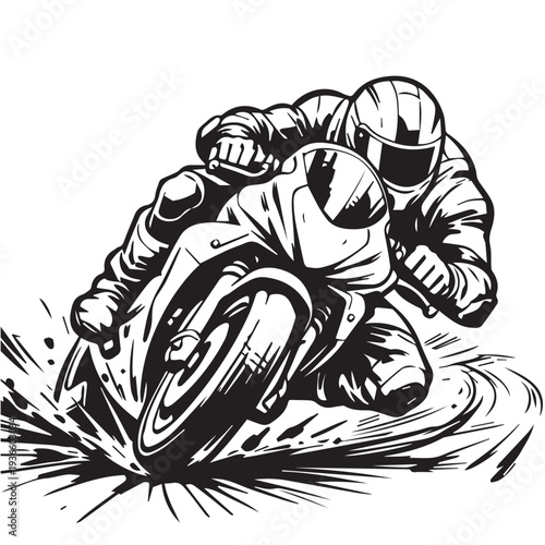 A dynamic vector sketch of a motorcycle racer leaning sharply into a turn, capturing speed, balance, and the thrilling spirit of competitive motorsport.