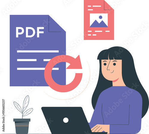 Flat vector illustration of a young woman working on a laptop to convert PDF files to images