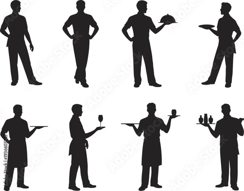 Waiter and restaurant staff silhouette set showing male server holding tray, serving food and drinks hospitality service poses