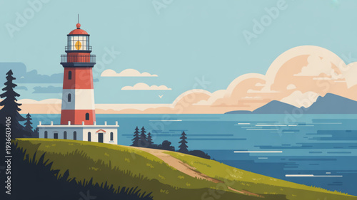 Red and white lighthouse on green hill by serene ocean with distant mountains under blue sky
