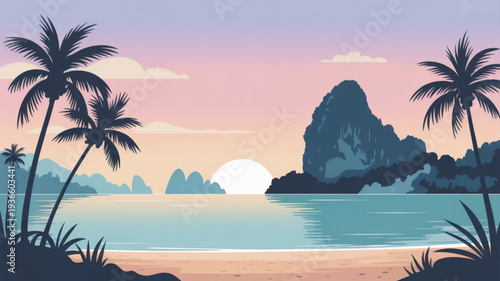 Tropical beach scene at sunset with palm trees calm ocean waters and rocky outcrops on a serene sandy shore