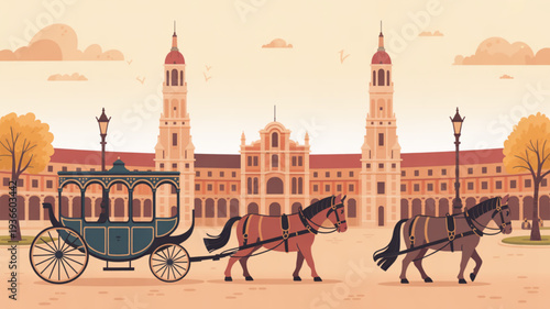 Vintage horse drawn carriage ride through historic city square with ancient architecture and warm sunset light