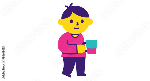 A young child holding a colorful mug in a casual stance with a friendly smile