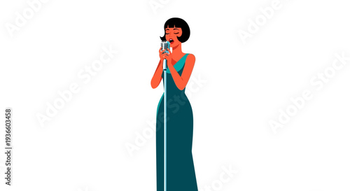 Woman singing into microphone with elegant dress at event illustration