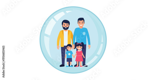 Illustration of family bonding moment with parents and children together in a bubble, depicting love and unity