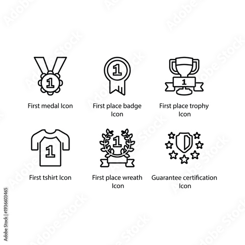 First medal, place badge, place trophy, First tshirt, place wreath, Guarantee certification, icon