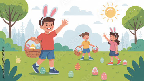 Children wearing bunny ears playfully hunt easter eggs in sunny green meadow with trees