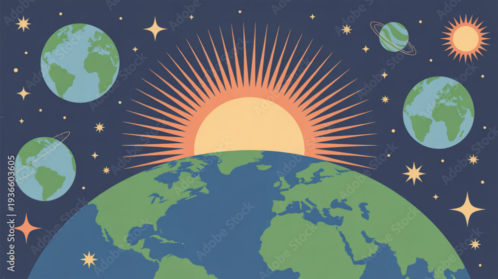 Naklejka premium Earth and celestial bodies in space with sun shining brightly surrounded by stars and planets in a vibrant cosmic scene