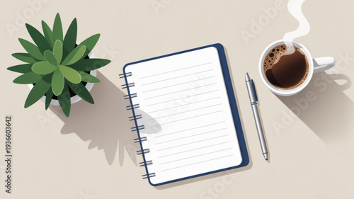 Blank notebook with pen and coffee cup on desk with small potted plant top view soft lighting and beige background