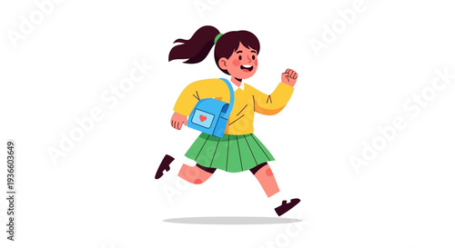A young girl running with a book in a joyful and energetic motion, captured from a side viewpoint
