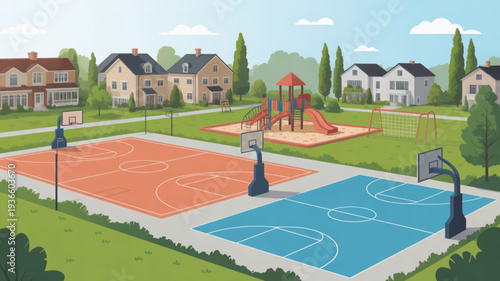 Colorful suburban neighborhood park with basketball courts and playground on sunny day