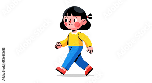 Young girl walking alone in dynamic pose with confident stride and smiling face vector illustration