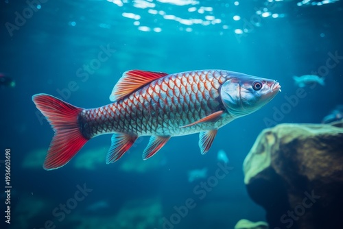 Red finned fish with iridescent scales swimming in blue water