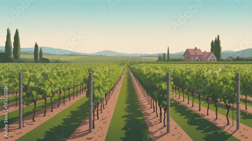 Vineyard landscape with rows of green grapevines distant house and mountains under a serene blue sky