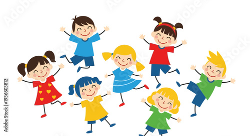 Group of happy children playing together, jumping in the air with joyful expressions and colorful clothing