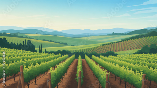 Lush green vineyard rows stretch towards rolling hills under a serene blue sky with distant mountains