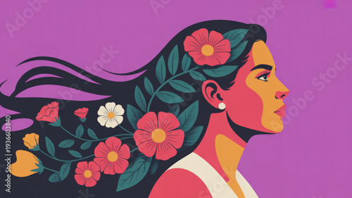 Woman with flowers in hair profile view colorful illustration floral hairstyle purple background peaceful expression beauty fashion artistic portrait vibrant colors serene