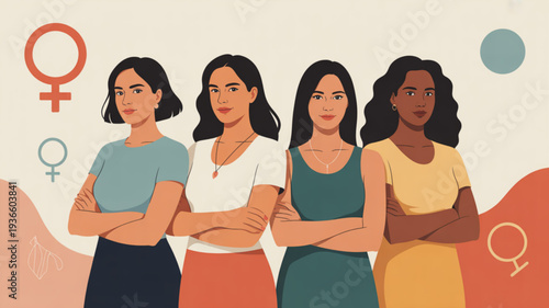 Four diverse women standing together with arms crossed symbolizing female empowerment and unity with venus symbols in the background