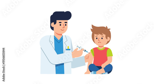 Doctor vaccinating a young boy in a clinical environment from a seated viewpoint