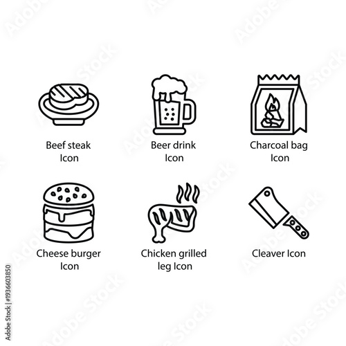 Beef steak, Beer drink, Charcoal bag, Cheese burger, Chicken grilled leg, Cleaver, icon