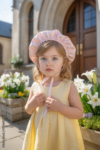 Blonde girl wearing a pink bonnet and yellow dress stands in front of a building with flowers in a sunny outdoor setting