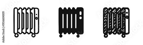 Heater radiator icon set with outline, glyph, and hand-drawn doodle styles for home appliances