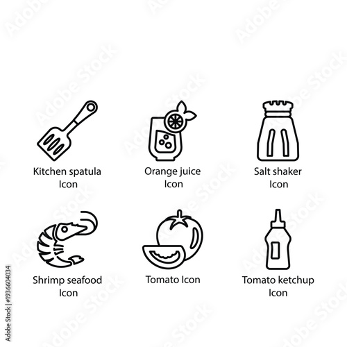 Kitchen spatula, Orange juice, Salt shaker, Shrimp seafood, Tomato, Tomato ketchup, icon