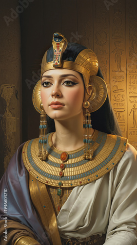 Egyptian queen in elaborate headdress and jewelry, wearing traditional garments, with hieroglyphs visible on the background wall
