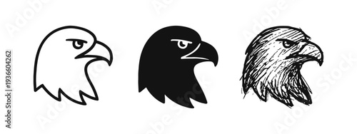 Eagle head icon set with outline, glyph, and hand-drawn doodle styles for wildlife and freedom