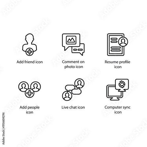 Add friend, Comment on photo, Resume profile, Add people, Live chat, Computer sync, icon