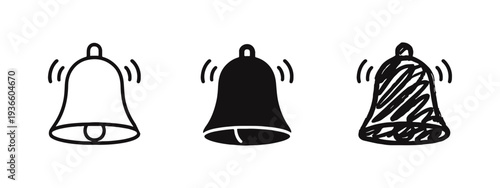Bell icons set featuring outline, solid, and hand-drawn styles with ringing animation lines, for notifications.