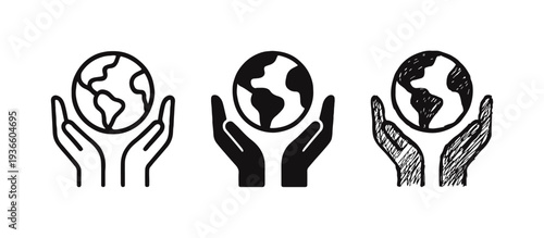 Hands holding Earth icons in outline, solid, and hand-drawn styles, symbolizing environmental protection and care.