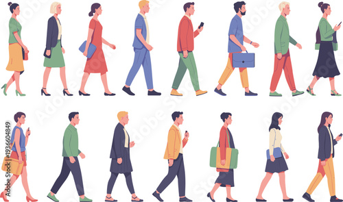 Diverse walking people vector collection with men and women in various casual outfits for city life design
