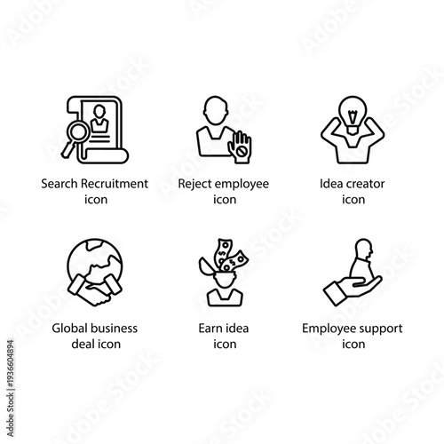 Search Recruitment, reject employee, Idea creator, Global business deal, Earn idea, Employee support, icon